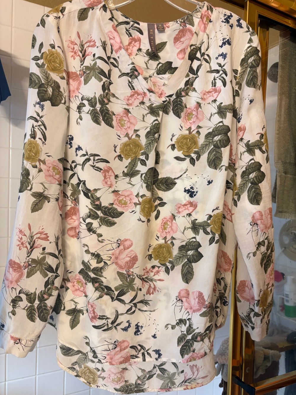 Brina & Em Floral V-Neck Blouse in Cream with Pink & Olive Roses